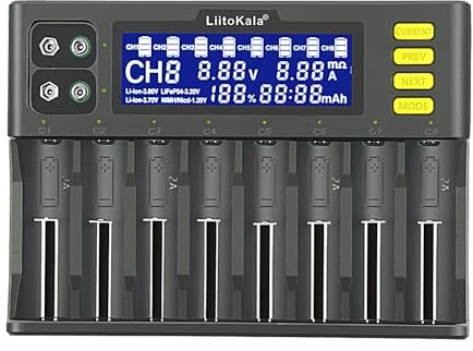 Glaxcidy 18650 Caricabatterie LiitoKala Lii-S8 Caricabatterie Intelligente con Display LCD Per 26650 21700 17500 14500 Li-ion (4.2V)/LiFePO4, AA AAA Ni-MH/CD Batteria, Adattatore 12V DC, 8 Bay