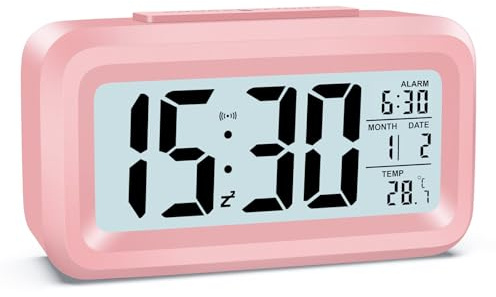 HOMVILLA Wecker Digital Batteriebetrieben mit Temperaturanzeige Große LCD Display, Schlummerfunktion, Datum, Nachtmodus, Hintergrundbeleuchtung Wecker Laut für Tiefschläfer Rosa
