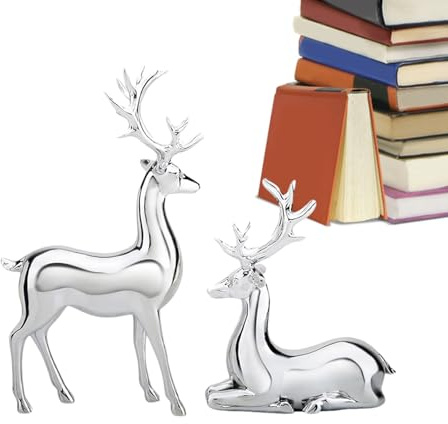 Yorajuy Silver Deer Christmas Decor, 2PCS Reindeer Figurine Statue, Silver Deer Sculpture Desktop Ornament, Christmas Center Table Decorations For Living Room Bedroom