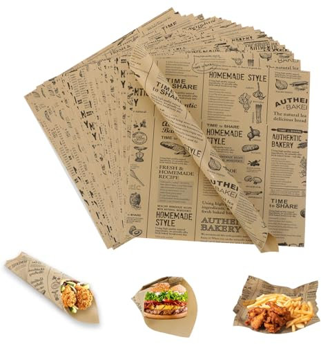 Hisdricus 100 Papel de Hornear 25x25 cm Antigrasa Encerado para Alimentos - para Envolver Hamburguesas, Sándwiches, Papas Fritas, Pasteles