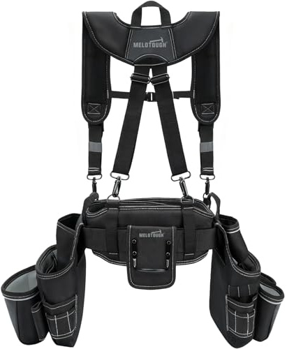 MELOTOUGH Carpenters Tool Belt with Suspenders Professional Tool Belt Combo Organizer With Tool Pouch Suspenders with 27 Pockets and Loops fits 33-50Waist for Electrican/Contractor/Technican/(Black)