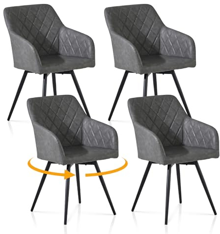 TUKAILAI Esszimmerstühle Drehbar 4er Set Kunstleder,Hellgrau | 360° Drehstuhl Esszimmer Polsterstühle,Küchenstühle,mit Armlehnen,Metallbeine,Rückenlehne,für Wohnzimmer Küche Schlafzimmer