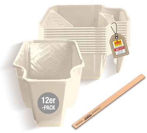 12x mako Profi Farbwanne easyCUP – cremeweiß, ergonomischer Farbtopf | Extra hohe Seitenwände, 13cm Abrollfläche für Kleinflächenroller, Haltegriff & Farbrührholz
