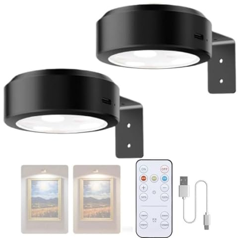 Nexoria Bildbeleuchtung Kabellos, 2 Stück Akku Wandleuchte Innen Bild Licht Mit Fernbedienung Magnetisches LED Bilderleuchte Dimmbar LED Bildbeleuchtung Wiederaufladbare Wandlampe für Wand (Schwarz)