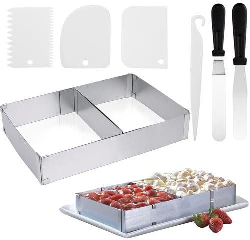 Molde Rectangular Ajustable para Hornear, Molde Reutilizable de Acero Inoxidable, Aro de Repostería Rectangular de 5 cm de Alto, Marco Ajustable para Pasteles Tartas Pizza (18,5x27,5 a 34x52,2 cm)