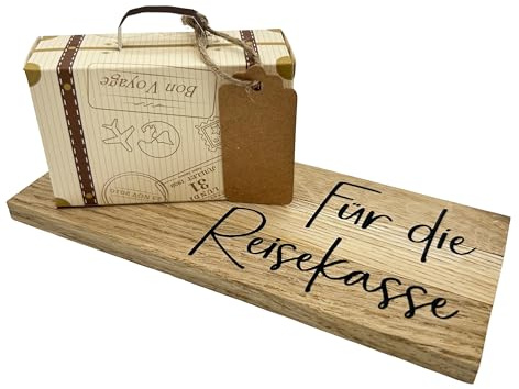 Reisekasse Geschenkbox aus Papier auf Holztafel aus Eiche, Geldgeschenk für die Reise mit Koffer und Kofferanhänger zur individuellen Beschriftung und Personalisierung