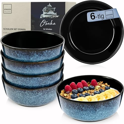 SÄNGER Osaka | Steingut Müslischalen Bowl Schüssel 6 teilig, Schüssel Set 6 Personen, Schale spülmaschinen- mikrowellen- kratzfest, Schüsseln blau mit schwarzem Rand 550 ml | VALUE COLLECTION