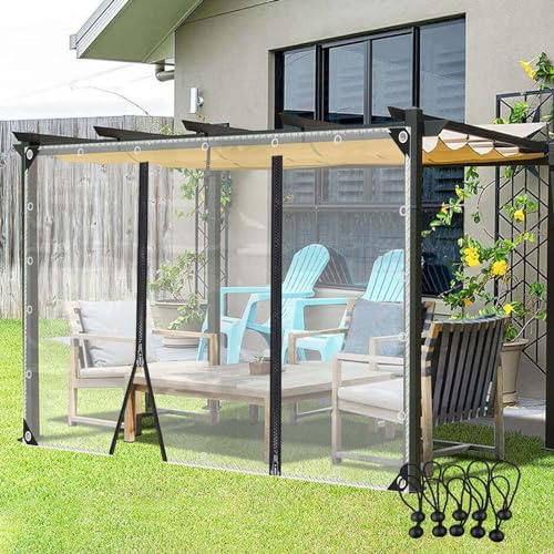 Pared lateral de PVC impermeable con cremallera para toldo al aire libre, lona transparente de 0.35 mm de grosor con ojales para pérgola, veranda y pabellón (transparente, 4 x 4 m)