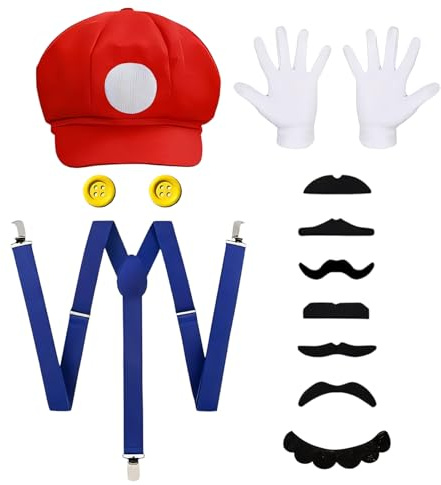 DvBCNMe Super Bros Kostüm Set, 12-teiliges Verkleidungsset mit Hut, Handschuhen, Bärten und Knöpfen, Ideal für Halloween, Karneval und Cosplay