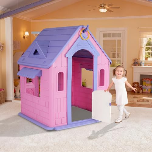 GAOMON Deluxe Pink Purple Kids Playhouse Cottage – Magnetic Dartboard, Basketball Hoop, Soccer Goal, Ring Toss – Indoor/Outdoor Toddler Activity Playset for Ages 2+ – US Version