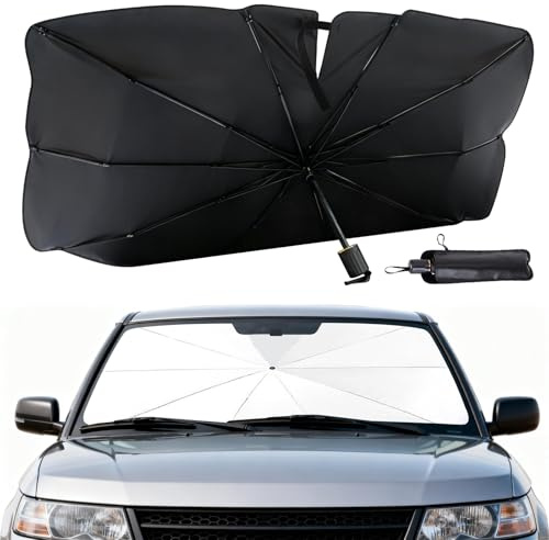 BIRDDIE Pare-soleil de voiture pour pare-brise – Ajustement manuel stable multi-angle, protection UV et chaleur avec étui en cuir, parasol de voiture pour berlines, SUV, monospaces