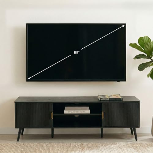 IDIMEX Lowboard ALMA 140 cm, Schwarz - Modernes TV Lowboard aus robustem MDF mit Metallgriffen, für Fernseher bis 55 Zoll, mit offenen Fächern und Schrankfächern, ideal für das Wohnzimmer