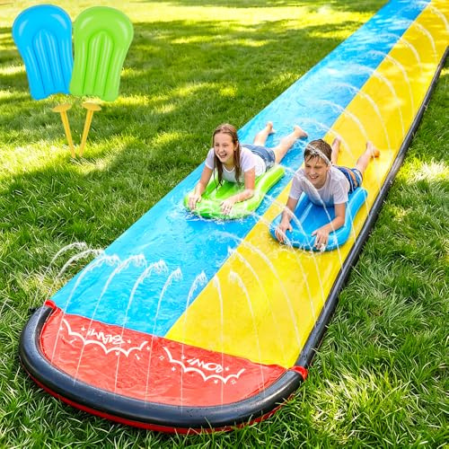 Mineup Wasserrutsche Garten, 6.1m Wasserrutschmatte mit 2 Bodyboards, Doppelrutsche mit Eingebautem Sprinkler, Sommer-Rutsch-Wasserrutschen für Gärten, Rasenflächen und den Außenbereich