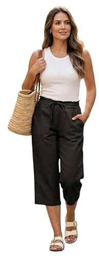 Womens Linen 3/4 Trousers Ladies Cropped Capri Pants Elastic Waist Drawstring Summer Casual Lightweight Holiday Beach Trousers Pockets UK 10–20