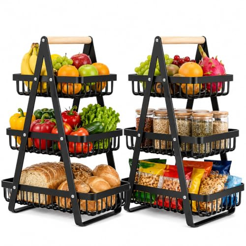 Fabulouz Fruit Basket Stand for Kitchen, 3-Tier Metal Fruit Bowl and Bread Basket with Wooden Handle, Detachable Vegetable Storage Rack for Worktop, Pantry, Fruits, Snacks, Black, Pack of 2