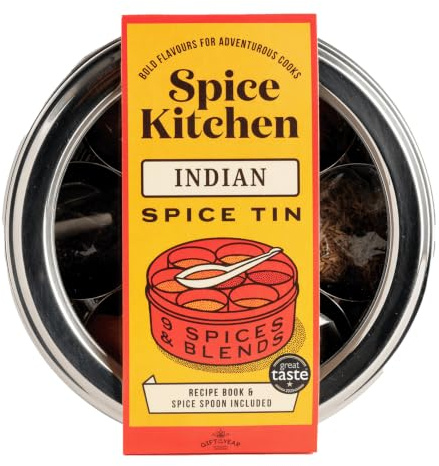 Spice Kitchen Premium Indian Spice Collection, Spice Tin with 9 Cooking Spices including Award-Winning Garam Masala, Stainless Steel storage tin, Indian recipe booklet and Spice serving spoon