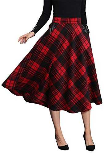 IDEALSANXUN Jupe Longue en Laine pour Femme - Taille élastique - Jupe trapèze plissée Tartan, Rouge mi-Mollet, M