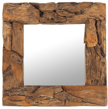 DESIGN DELIGHTS Holz WANDSPIEGEL Teak 50 | Teakholz (erodiert), Natur, 50x50x3 cm (HxBxT) | Spiegel mit Rahmen aus echtem Vintage Treibholz/Fundholz