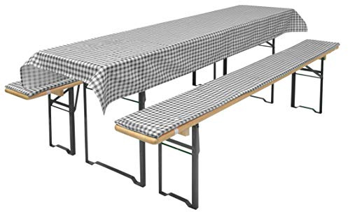 Brandsseller Auflagenset für Bierzeltgarnituren 3-teilig 2 Bankauflagen gepolstert 220x25 cm und 1 Tischdecke 240x90 cm für alle gängigen Festzeltgarnituren Bierbankauflagen Outdoor - Grau Kariert