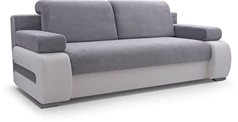 mb-moebel Sofa mit Schlaffunktion und Bettkasten Couch für Wohnzimmer Schlafsofa Schlafcouch Sofagarnitur Polstersofa Wohnlandschaft mit Bettfunktion 3 Sitzer - 206x96x82 cm - York (Hellgrau + Weiß)