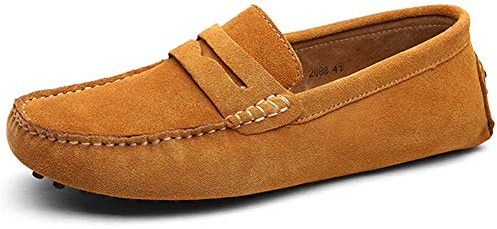 Jamron Hombres Cuero de Gamuza Penny Mocasines | Forro de Cuero Transpirable, Tacón Plano, Zapatos de Conducción, Slip-on, Talla Grande, Casual & Elegante