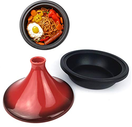 LGYKUMEG ​Tagine Cooking Pot with Cast Iron Base and Red Stoneware Funnel Lid,28cm/2.3L Tajine Pot, ​Dishwasher and Oven Safe, for all kinds of stews with unique flavo