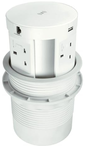 kenable Desk Power Grommet 4 Fused UK Sockets 2x USB Fast Charging Ethernet HDMI Qi Wireless Charger White