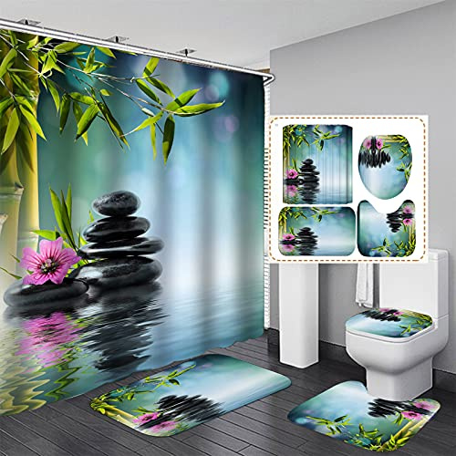 Fgolphd Duschvorhang Grün180x200 180x180 Blätter Blumen Pflanzen Blätter Strand Bunt Badezimmerteppich 4-teiliges Set,Shower Curtains Wasserdicht (180 x 180 cm,10)