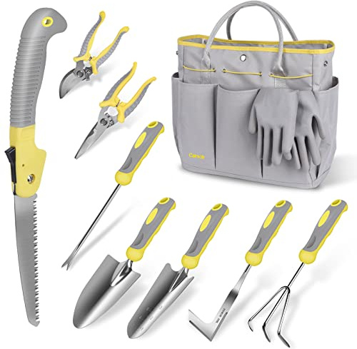 Garden Tool Set, Carsolt 10 Piece Stainless Steel Heavy Duty Gardening Tool Set for Digging Planting Pruning Gardening Kit with Durable Bag Gloves Gift Box Ideal Garden Gifts for Women Men