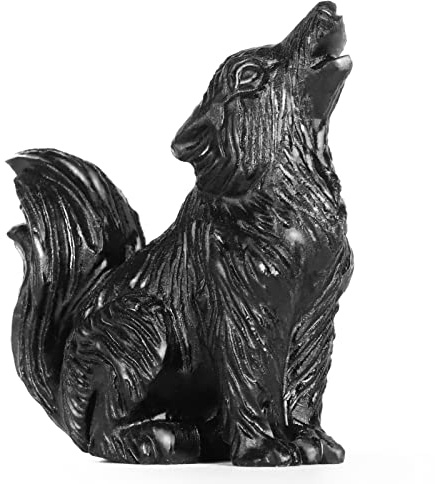 LEADGEM 5,1 cm schwarzer Obsidian großer Schwanz Wolf Figur Heilkristall Stein Statue geschnitzte Skulptur Briefbeschwerer Ornamente Fengshui Home Office Dekor Geschenke