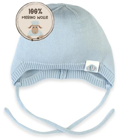 MIRARI Kids Warme Babymütze gestrickt aus 100% Merinowolle | Unisex Strickmütze mit Ohrenklappen und Bindebändern | weiche Baby Wollmütze ohne Futter