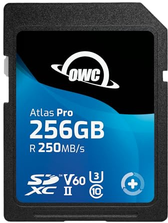 OWC Atlas Pro SD V60-256GB - SDXC UHS-II V60 Media Card, Up to 250MB/s read and 130MB/s write, cost-effective memory card for most common photo and up to 4K video capture