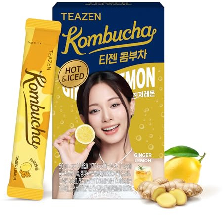 TEAZEN Tè Kombucha caldo al limone e zenzero, mix di bevande idratanti, senza zucchero, probiotici e prebiotici vivi, 10 bastoncini, 50 ml