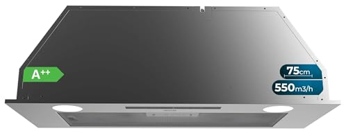Cecotec Cappa Incasso 75 cm Bolero Flux IT 755500 Inox A++. Motore 70W, 3 Livelli Potenza, Basso Consumo, Finitura Inox, Aspirazione 550m³/h, Touch, Booster, Luce, Filtro a Carboni Attivi