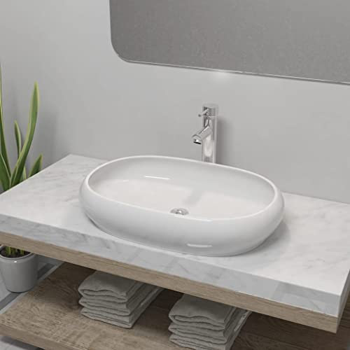 WIFESE Bad-Waschbecken mit Mischbatterie Keramik Oval Weiß 63x42x12 CM Aufsatzwaschbecken Eckig Badezimmer Möbel Waschbecken Gäste WC Handwaschbecken für Waschraum Sein Badezimmer Elegantes Design