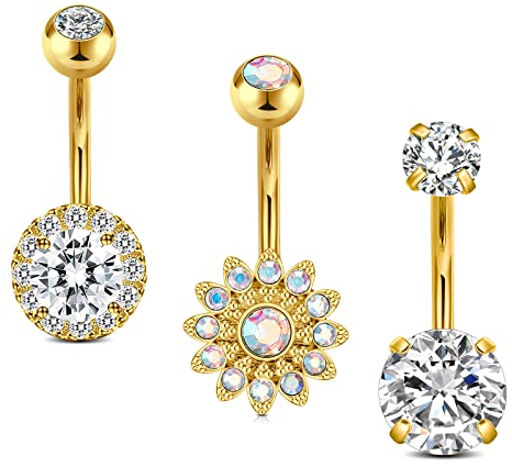 Crdifu 3er Bauchnabelpiercing Gold 10mm Chirurgenstahl 14G Piercing Bauchnabel Bauchpiercing Blume Kristall