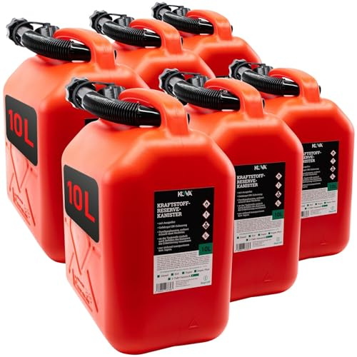 KOVA® 6x Benzinkanister 10L ROT Dieselkanister Reservekanister Kraftstoffkanister 10 Liter Wasserkanister für Benzin Diesel Wasser AdBlue, Auswahl: 5 20 20L ltr 5L 10-Liter-Kanister & Außgießer