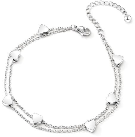 Fußkettchen,Herzen Fussketten für Frauen,Damen fußkette,Silber Fußkette Damen,Edelstahl Fußkettchen für Damen,Edelstahl Love Armband Damen,Herzen Armband,Fußkette Silber Geschenk für Frauen,9.5in+2in