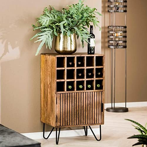 RINGO-Living Weinregal Schrank, stylischer Weinschrank Wohnzimmer, Barschrank Holz massiv, Weinschrank Holz Industrial Style, Holzregal für Weinflaschen, Vintage Barschrank aus Mangoholz