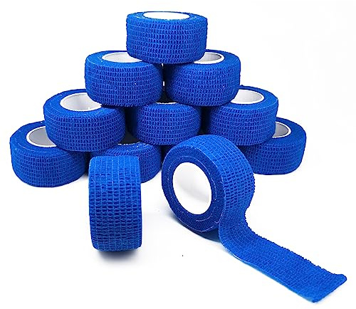 12 Rollen Selbstklebender Verband Fingerverband Selbsthaftende Bandage Sport Elastische Binde Fixierbinde für Finger Zehen 2.5cm X 4.5m Blau