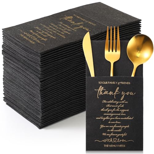 Qilery 100 Plain Thank You Wedding Napkins Cocktail Napkins Newlyweds to Family Friends Guests with Built in Flatware Pocket Tissues Bridal Shower Rehearsal Dinner Party Supply(Black)