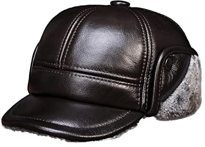 Vintage Herbst-Winter-Mützen, Echte Kuh-Leder-Baseballmütze der Männer-Mütze-Marken-Winter-warmer russischer Echtleder-Kappenhüte mit Faux-FU-R innen Leicht zu reinigen, warm für Senioren(Red brown,XL