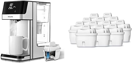 Philips Wasser Station, Spender für gefiltertes heißes Wasser & Wasserfilter-Kartuschen, 12er-Pack, Brita-kompatibel, reduziert MIKROPLASTIK, CHLOR, Kalk, SCHWERMETALLE