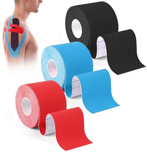 Lyfeesis 3 Rollen für Kinesiotapes, 5 m X 5 cm Professionelles Modell für Kinesiologie Tape, Schulter und Ellenbogen | Rot, Blau und Schwarz