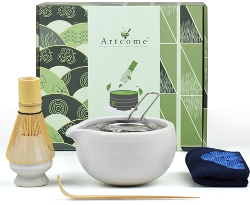 Artcome 7 Pcs Complete Matcha Tea Ceremony Kit - Bowl, Whisk, Scoop, Strainer, Set for Usucha, Koicha, Latte (White)