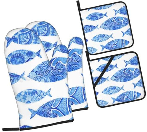 4 Stück Backhandschuhe Set Fisch Meerestier Mit Ottomane Oven Gloves Lustig Kaminhandschuh Anti-Rutsch Topfhandschuhe Für Zum Grillen, Kochen, Geschenke