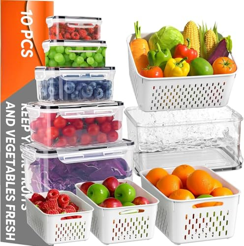 10 PCS Fruit Storage Containers for Fridge with Removable Colander, All-In-One Vegetable Berry Storage Containers for Washing, Draining, Freshness, the Largest Size with Handles（4150ML）