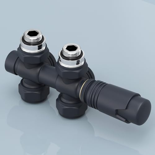 EMKE Multiblock Set für Heizkörper mit Thermostat, Hahnblock Eck und Durchgangsform Ventilhahnblock Mittelanschluss Heizkörperventil mit 50 mm Nabenabstand (φ15mm+16mm Anthrazit)