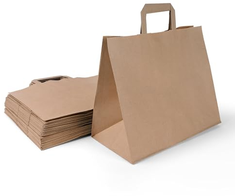Inoverse 50 papperspåsar med handtag – 32 + 17 x 22 cm – Kraftpapperspåsar bruna – hållbara presentpåsar, påsar för butiker, fester, fester och evenemang