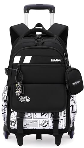 Tanou Zaino Trolley per Ragazzi, 28L Zaino con Ruote Scuola Media e Elementare, Borsa Trolley Staccabile Nero per il Ragazzo con la Portamonete, 6 Rotelle